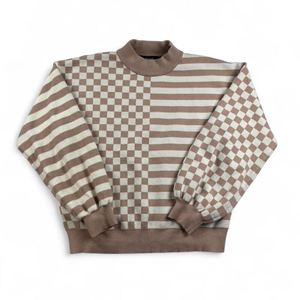 Hehull Checkered Knit Sweater Beige White Women’s Medium Cozy Pullover